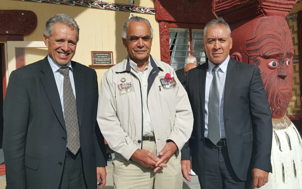 Māori Land Court chief judge Wilson Isaac, left, veteran Hirini Henare, centre, and New Zealand military historian Monty Soutar at Otiria Marae on 21 March 2016.