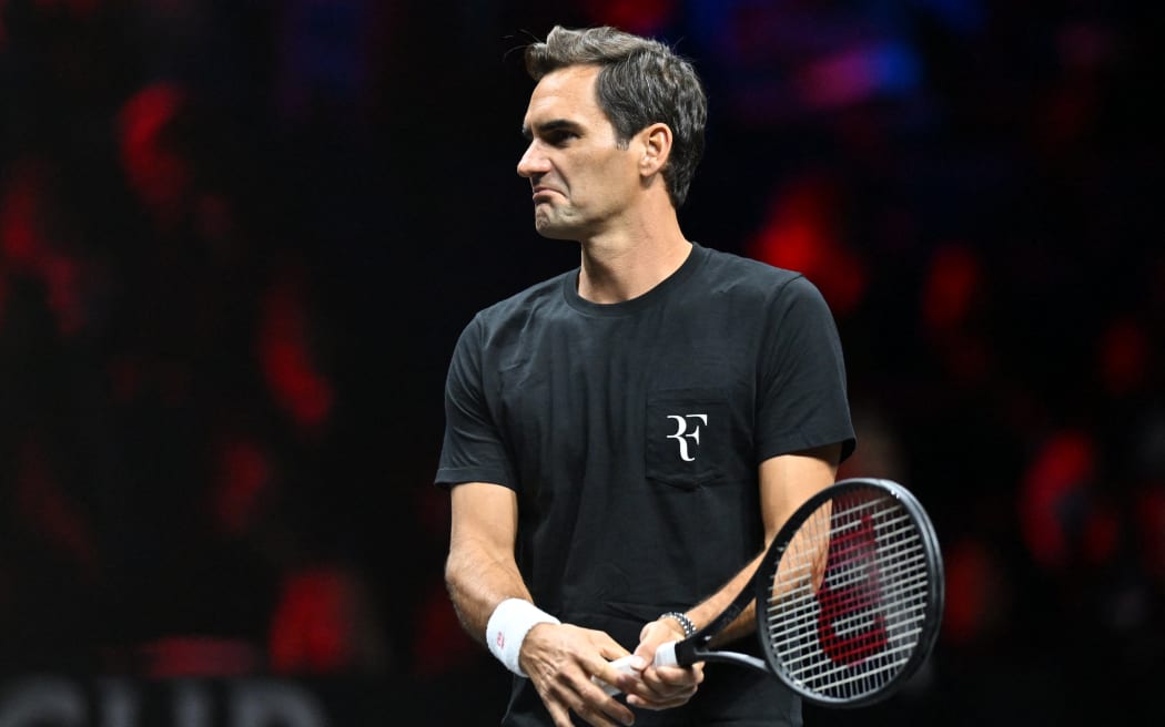 Switzerland's Roger Federer reacts during a practice session ahead of the 2022 Laver Cup at the O2 Arena in London on September 22, 2022. (Photo by Glyn KIRK / AFP) /