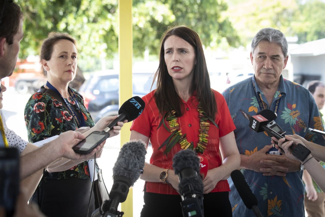 NZ Prime Minister Jacinda Ardern, left, and Minister of Foreign Affairs Winston Peters speak to the media during the Pacific Islands Forum. 5 September 2018.