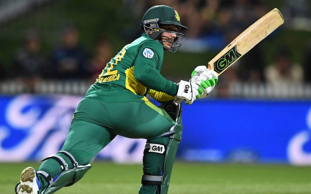 Quinton de Kock bats for South Africa in their ODi win over NZ.