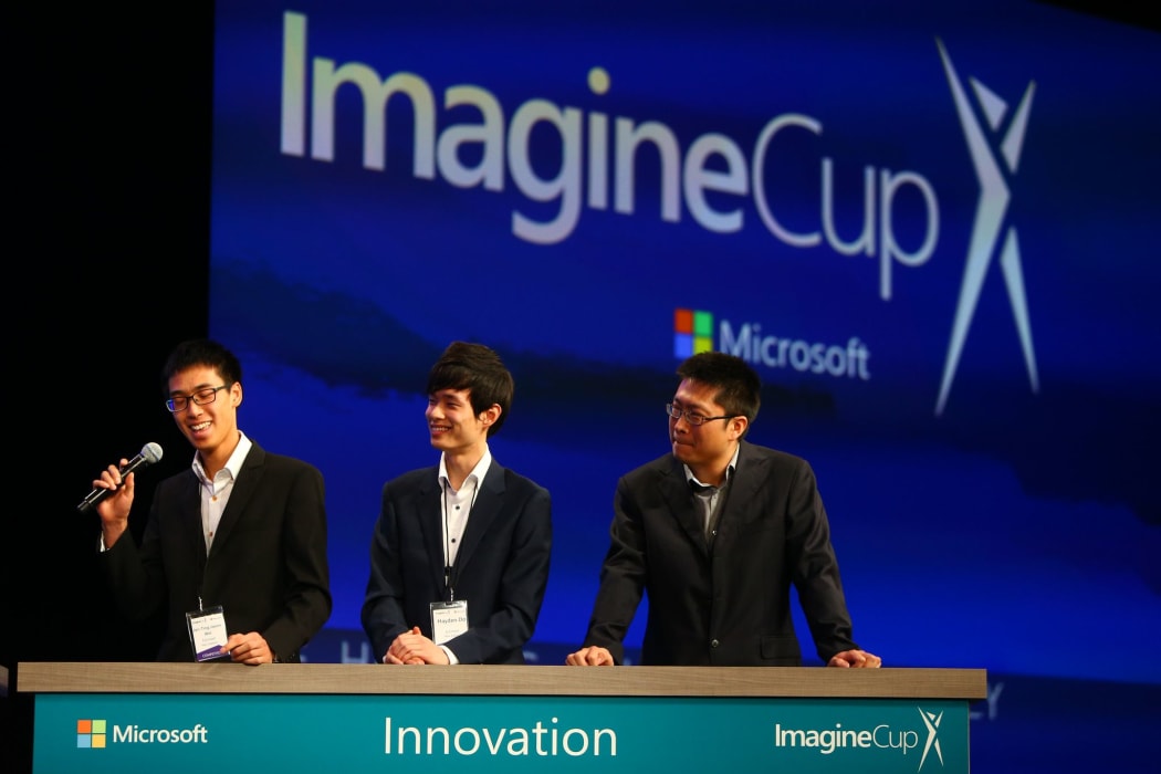 Hayden Do, Jason Wei, and Chris Duan at the Worldwide Imagine Cup finals.A fourth team member remained in NZ.