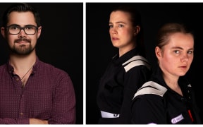Head and shoulders  picture of playwright Luke Thornborough and actors Courtney_Basset_and_Anthea_Freya_Hill_in uniforms from play "Alone."