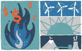 Stylised illustration of gas flame, wind turbines, sun, and a geothermal plant.