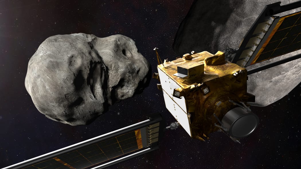 An illustration of the DART spacecraft prior to impact at the Didymos asteroid system.