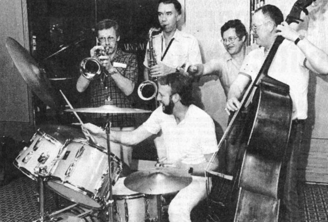 Space Case: (L-R) Kim Patterson, Brian Smith, Murray McNabb, Andy Brown. Front: Frank Gibson Jr.