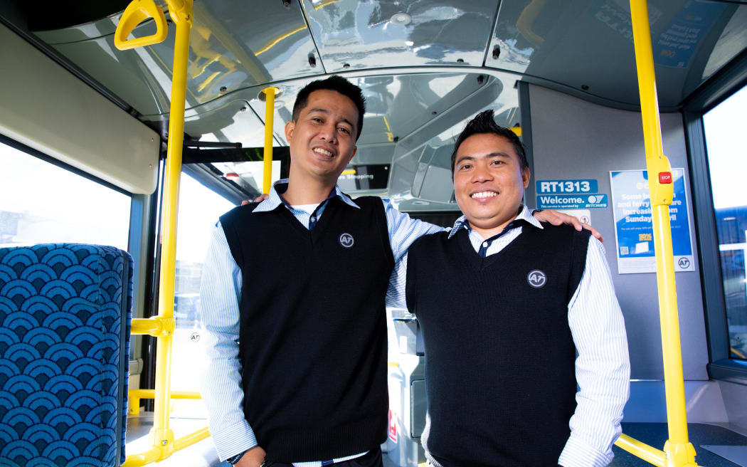 Ryan Carumba and Garry Ortiz are training to become bus drivers on Auckland's public transport network, pictured on 14 June, 2023.