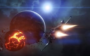 A spaceship flying towards a planet
