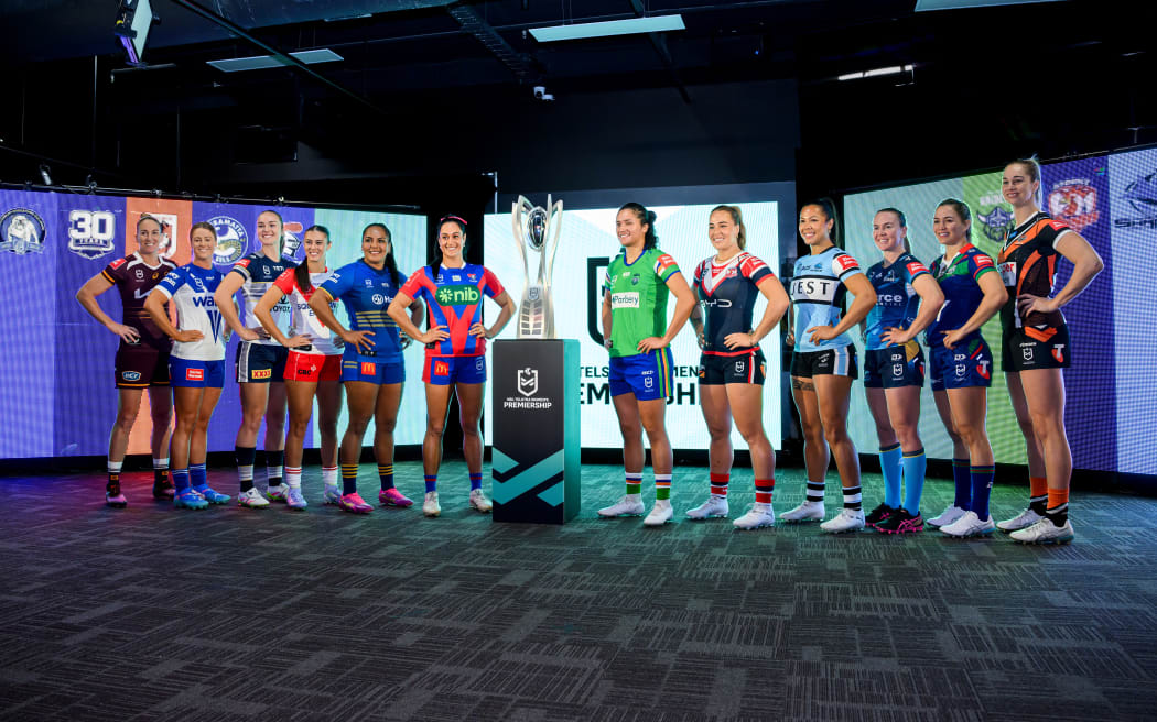 The captains of all 12 NRLW teams pose for a photograph during the launch of the NRL's 2025 Women’s Premiership season at Rugby League Central in Sydney, Monday, June 30, 2025. (AAP Image/Bianca De Marchi / Photosport) NO ARCHIVING