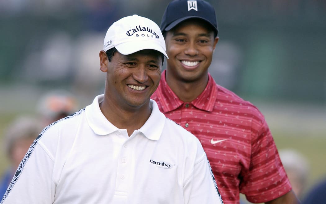 Michael Campbell shares a laugh with Tiger Woods after the final round Sunday June 19, 2005 of the U.S. Open Golf Championship.