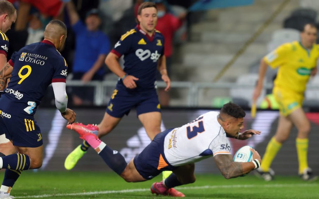 Levi Aumua of Moana Pasifika scores a try during the Highlanders v Moana Pasifika Super Rugby Pacific game at Forsyth Barr Stadium, Dunedin, New Zealand on Friday 8 March 2022.
Mandatory credit: Derek Morrison / www.photosport.nz