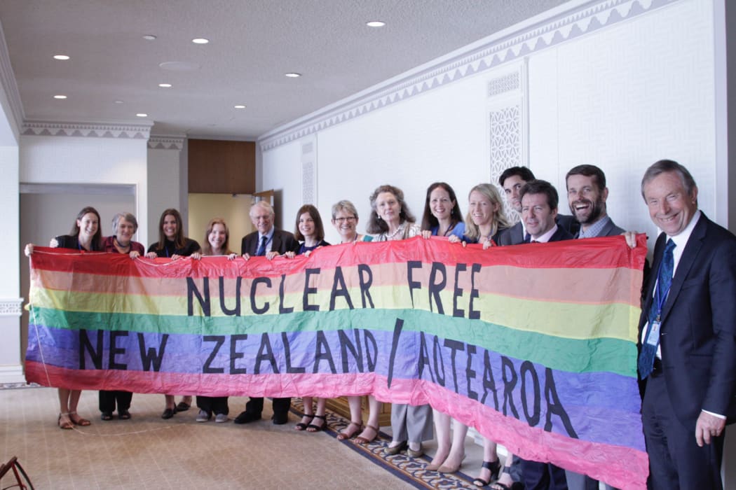 NZers at UN Headquarters, NY. (L-R: Lucy Stewart, Kate Dewes, Charlotte Skerten (MFAT), Anna Crowe, Roger Clark, Alice Osman, Treasa Dunworth, Amb. Dell Higgie (MFAT), Katy Donnelly (MFAT), Michelle Podmore (MFAT), Richard Slade, John Borrie, Lyndon Burford, Rob Green