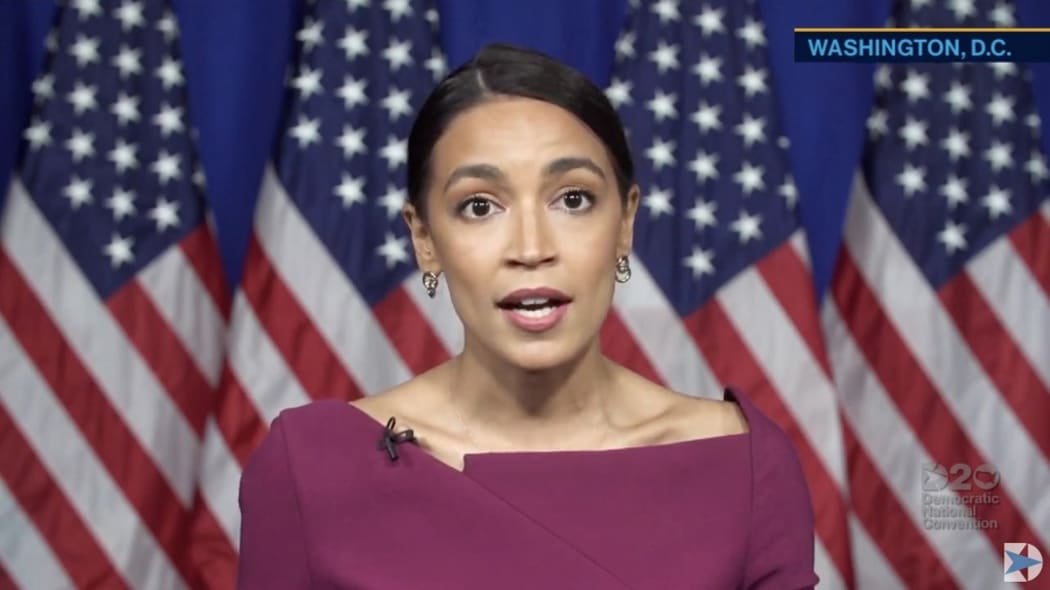 This video grab made on August 18, 2020 from the online broadcast of the Democratic National Convention, being held virtually amid the novel coronavirus pandemic, shows US Representative (D-NY) Alexandria Ocasio-Cortez speaking from Washington