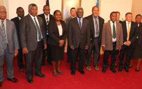 Solomon Islands prime minister Manasseh Sogavare (centre front) flanked by newly sworn in ministers and other members of his cabinet. April 2020