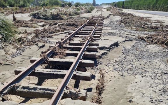 Rail tracks covered in silt in the Esk Valley by flooding during Cyclone Gabrielle, 20 February 2023.