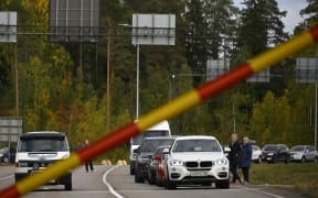 Traffic from Russia lines up waiting to enter Finland at the border crossing at Vaalimaa, Finland on 22 September 2022.