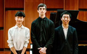 The finalists of the 2025 National Concerto Competition. From left: Shan Liu, Otis Prescott-Mason, Henry Meng.