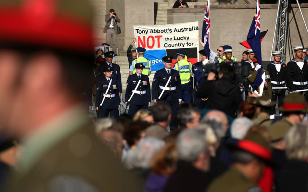 Protesters at the  Australian Memorial at Pukeahu National War Memorial.