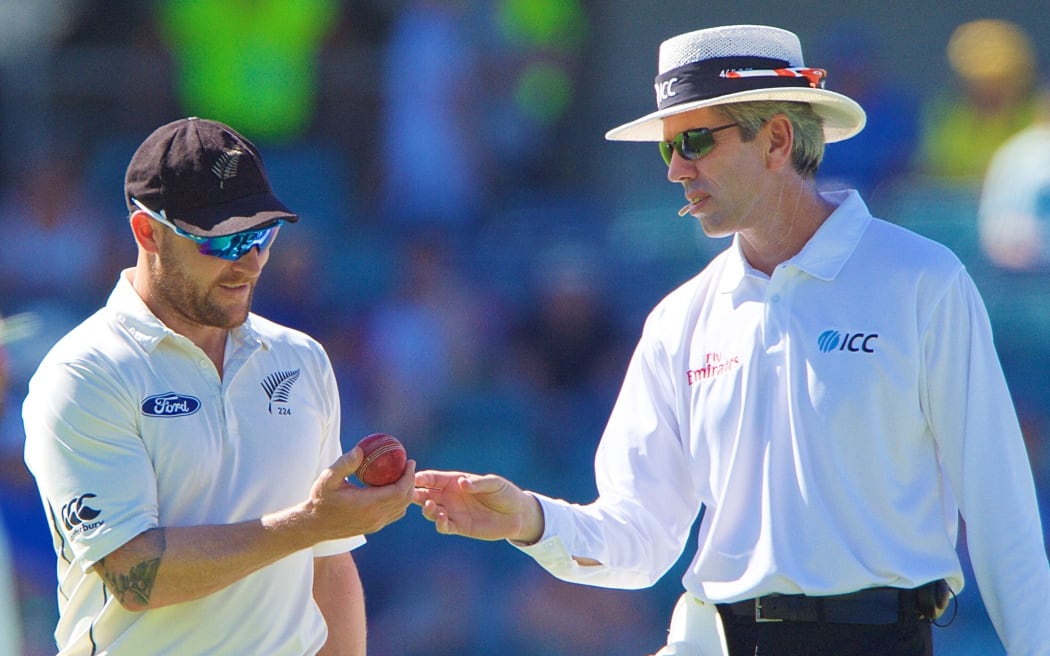 Black Caps captain Brendon McCullum and umpire Nigel Long examine the ball during the recent test series in Australia.