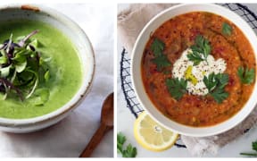 Thai spinach and coconut soup (L) and red lentil, lemon and rosemary soup