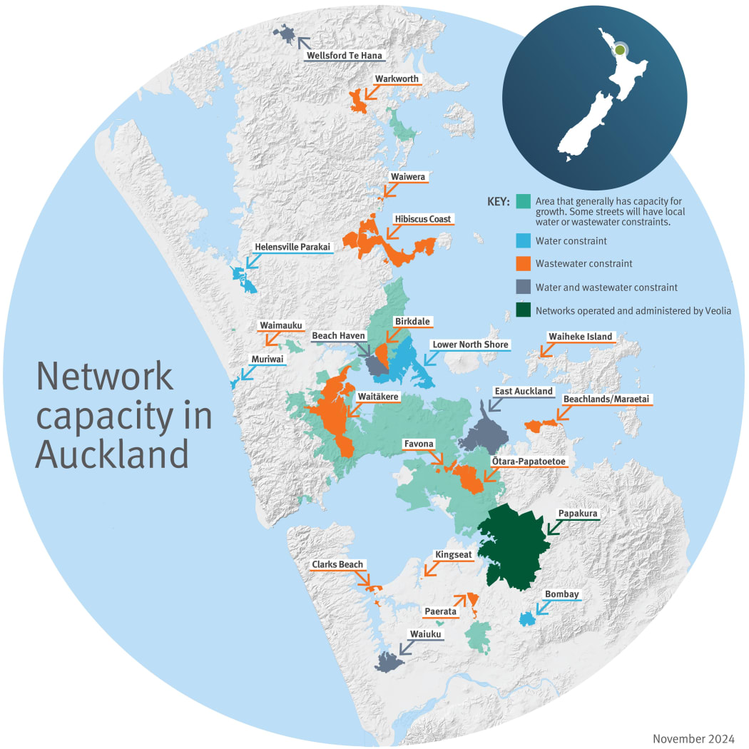 Watercare's map outlining capacity issues in wastewater network.