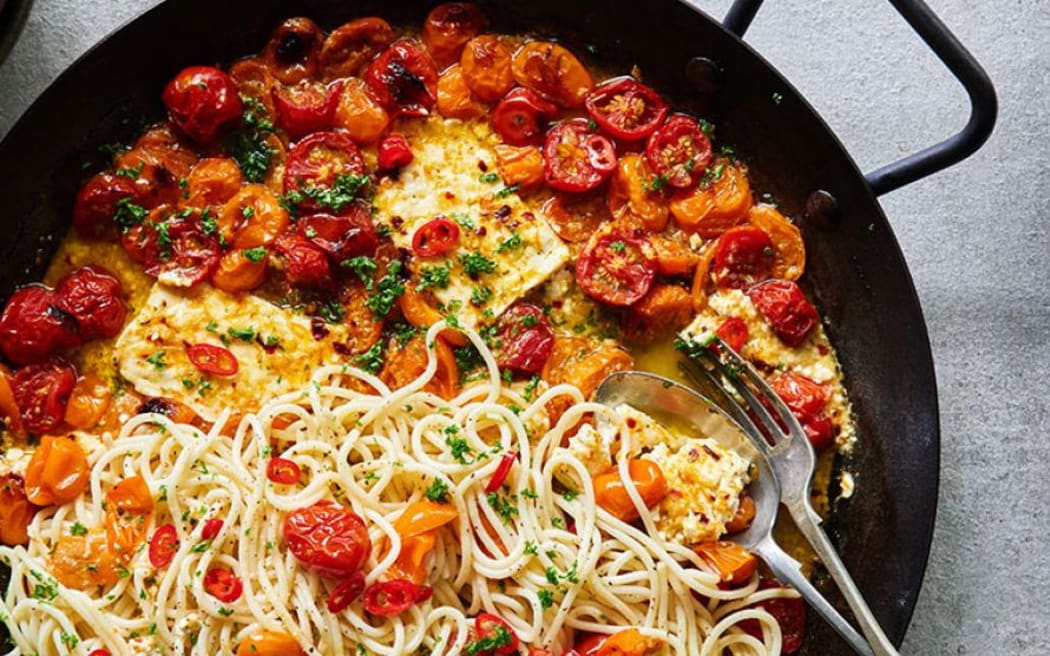 Baked Feta with Tomatoes and Spaghetti