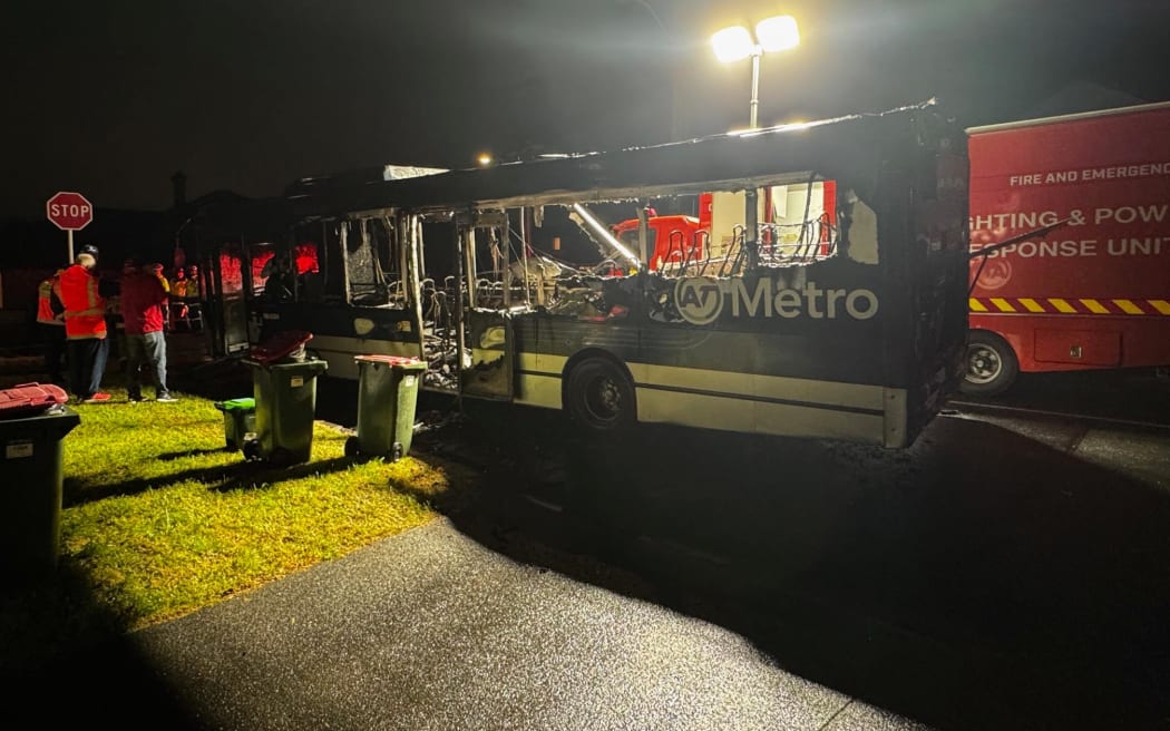 Wreckage of a diesel bus that caught fire in Epsom about 6.10pm on Sunday 24 May 2025. An Auckland Transport spokesperson said the driver promptly raised the alarm and made sure all passengers got off safely.