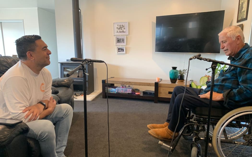 Julian Wilcox speaking with Ngāti Kuri Kaumātua Graeme Neho.