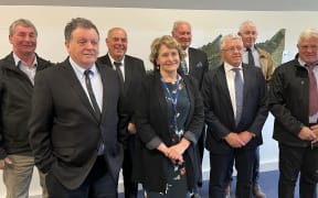 The newly inducted West Coast Regional Council: Cr Andy Campbell (Westland), left, Cr Peter Ewen (Grey), Cr Peter Haddock (Westland), chief executive Heather Mabin, Cr Allan Birchfield (Grey), Cr Frank Dooley (Buller), Cr Mark McIntyre (Buller), Cr Brett Cummings (Grey).