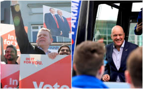 Labour leader Chris Hipkins and National leader Christopher Luxon on the last day of the campaign before election day on 14 October.