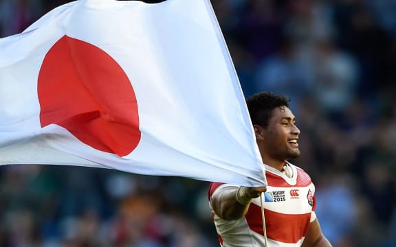 Amanaki Mafi of Japan celebrates at the final whistle of their historic Rugby World Cup win over South Africa.