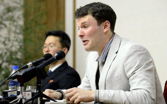 An image released by North Korea's official news agency of US student Otto Warmbier at a media conference in Pyongyang in February 2016.