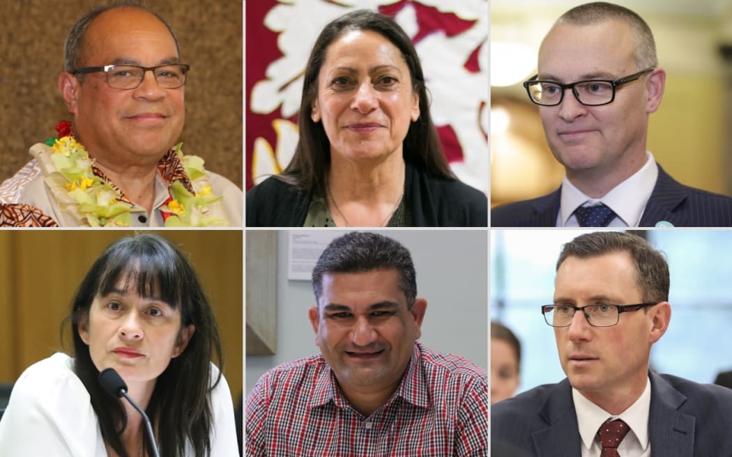 (Clockwise from top right) Aupito William Sio, Poto Williams, David Clark, Jamie Strange, Paul Eagle, and Marja Lubeck will retire at the 2023 general elections.