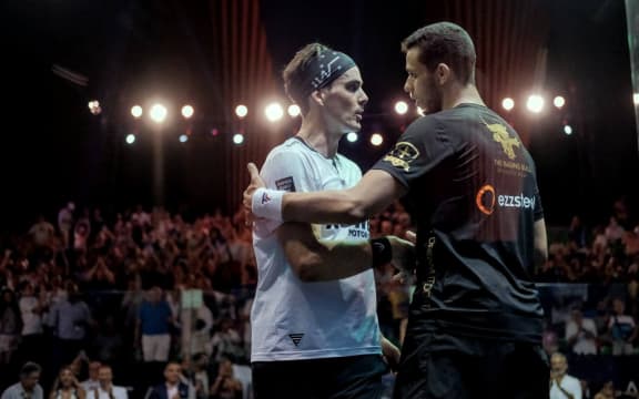 Handshake between Mostafa Asal - Paul Coll and New Zealand’s Paul Coll was beaten in the final of the El Gouna International in Cairo in a three set defeat to Egyptian Mostafa Asal. June 4 2022