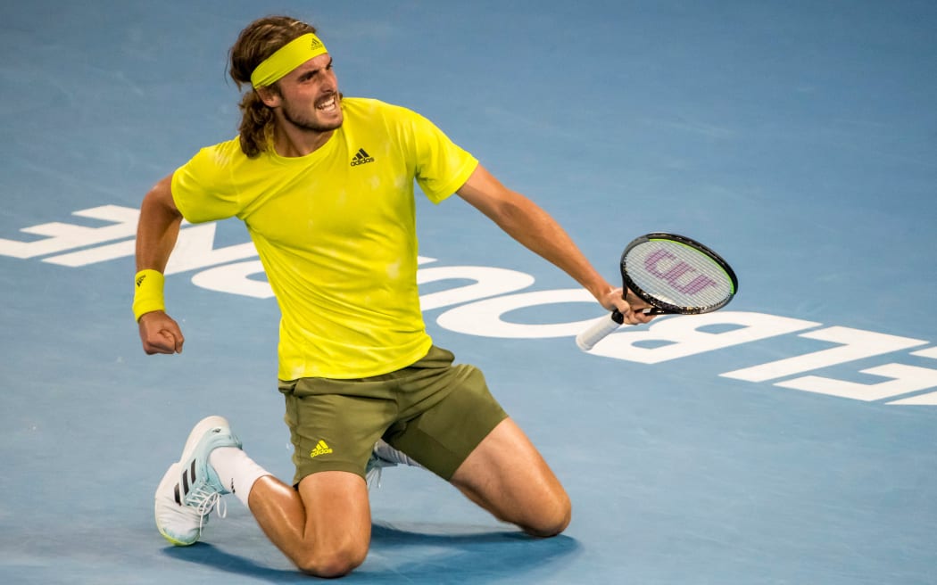 MELBOURNE, VIC - FEBRUARY 11: Stefanos Tsitsipas of Greece celebrates after winning his match in 5 sets during round 2 of the 2021 Australian Open on February 11 2020, at Melbourne Park in Melbourne, Australia. (Photo by Jason Heidrich/Icon Sportswire)