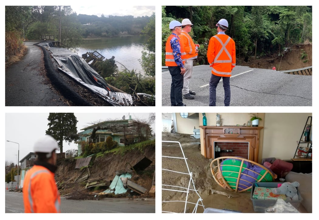 Clockwise from left: Damage from a slip in Auckland's Titirangi in January 2024 - a year on from the 2023 Auckland Anniversary floods; a massive slip on the cross-Coromandel Peninsula SH25A in January 2023 caused widespread disruption to traffic over many months; mud poured into Alana Pearce's Nelson home during a 2022 landslide; a retaining wall collapsed during heavy rain in Timaru in 2022.