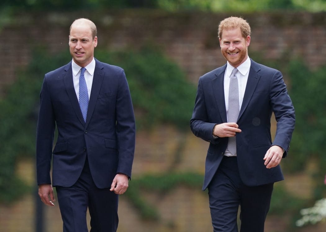 Prince William, Duke of Cambridge, left, and Prince Harry, Duke of Sussex arrive for the unveiling of a statue of their late mother, Princess Diana at The Sunken Garden in Kensington Palace, London on 1 July, 2021, which would have been her 60th birthday.