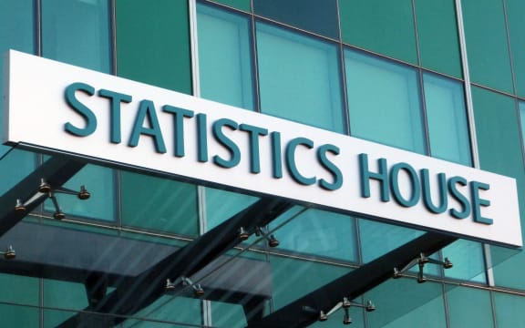 Sign on aqua coloured glass building of Statistics House
