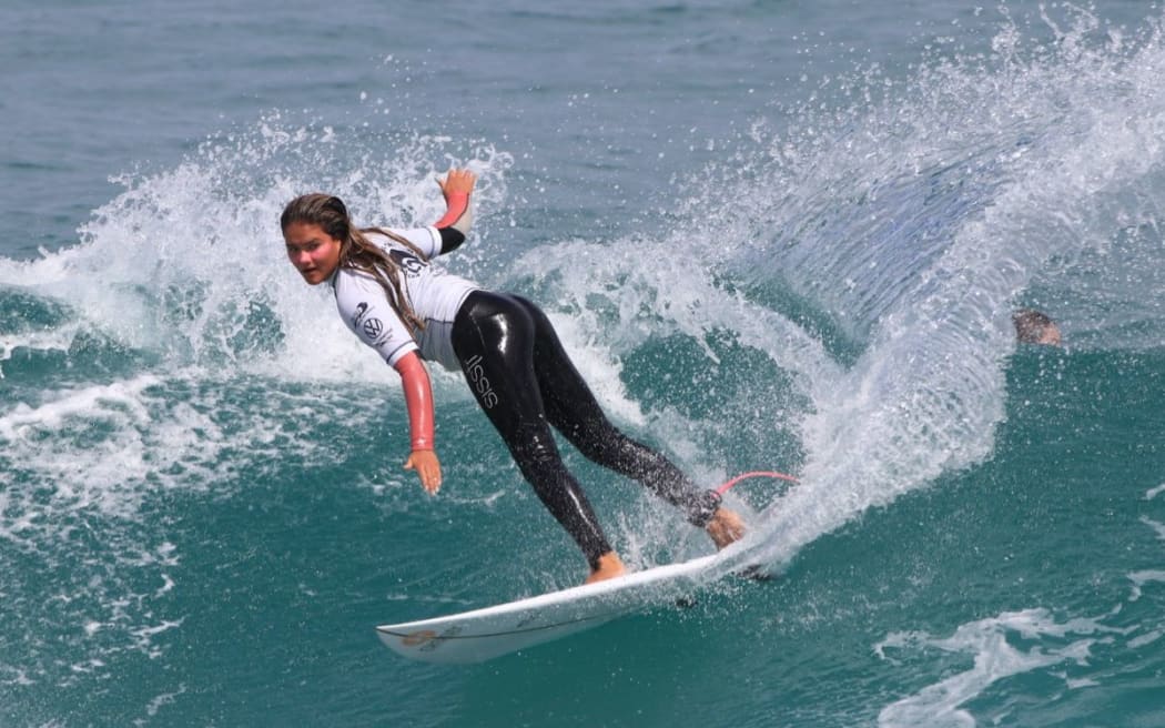 Maya Mateja at the national surfing championships in Dunedin.