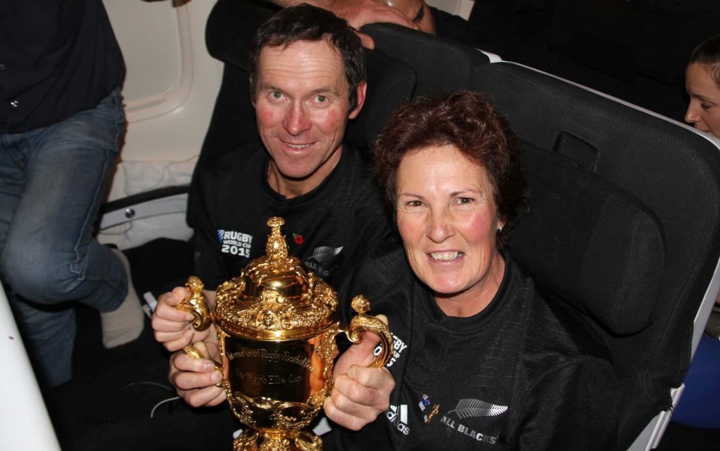 Northland couple Jane and Roger Hutchings with the Rugby World Cup on their flight home.