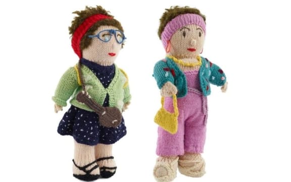 Knitted dolls of Camp Leader and Camp Mother made by a fan. Gift of Lynda and Jools Topp to Te Papa in 2000.