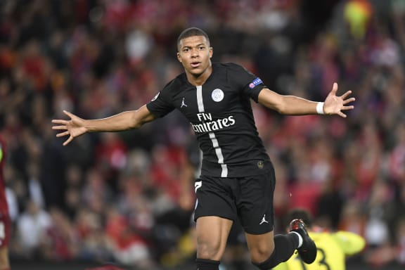 Kylian Mbappe celebrates a goal.