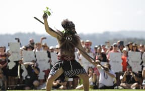 Waiwero (warrior) challenges the coalition government at Waitangi 5 February