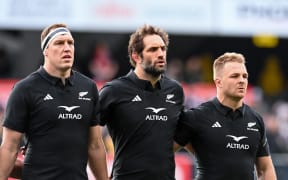 Brodie Retallick, Sam Whitelock and  Sam Cane of the All Blacks during the All Black Vs Australia Bledisloe Cup, Rugby match, Forsyth Barr Stadium, Dunedin, New Zealand. 5th August 2023. © Copyright photo: John Davidson / www.photosport.nz