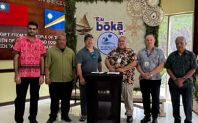 In one of two landmark cooperation agreements signed this week in Majuro during the Micronesian Island Forum, Nauru Airlines and Air Marshall Islands signed a memorandum of understanding to foster more collaboration on services. Pictured at the signing, from left: Air Marshall Islands Chief Financial Officer Roneel Sharma, Marshall Islands Transportation Minister Hilton Kendall, AMI Chairman Bobby Muller, Nauru Airlines Chairman Charleston Deiye, Nauru Airlines Commercial Manager James Blake, and AMI CEO Albon Jelke.