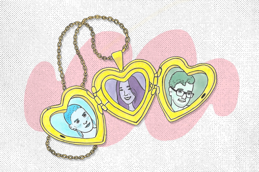 Illustration of locket with photos of three people - two women and a man.