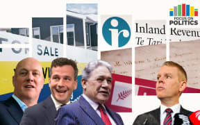 Focus on Politics: Collage of Christopher Luxon, David Seymour, and Winston Peters together with Chris Hipkins opposite, with background composite of Te Tiriti o Waitangi, house for sale and Inland Revenue signage.