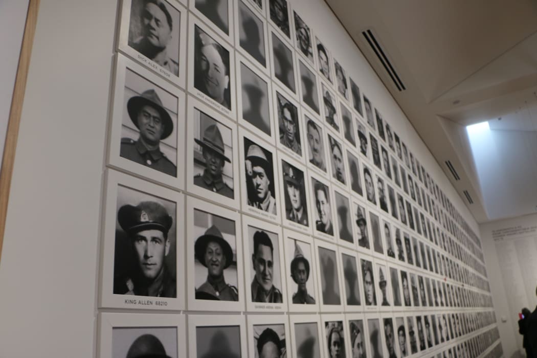 The faces of Māori soldiers on display at Te Rau Aroha museum in Waitangi.