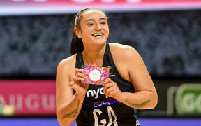 Tiana Metuarau of the Silver Ferns get the player of the match award.