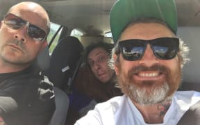 Dominic Hoey, Skyscraper Stan and Josh Juggim on the road to Dunedin.