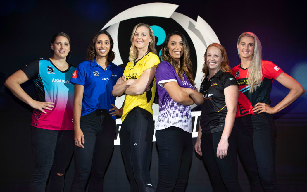 Te Huinga Reo Selby-Rickit, Phoenix Karaka, Katrina Rore, Grace Kara, Samantha Winders and Jane Watson, during the ANZ Premiership netball launch.